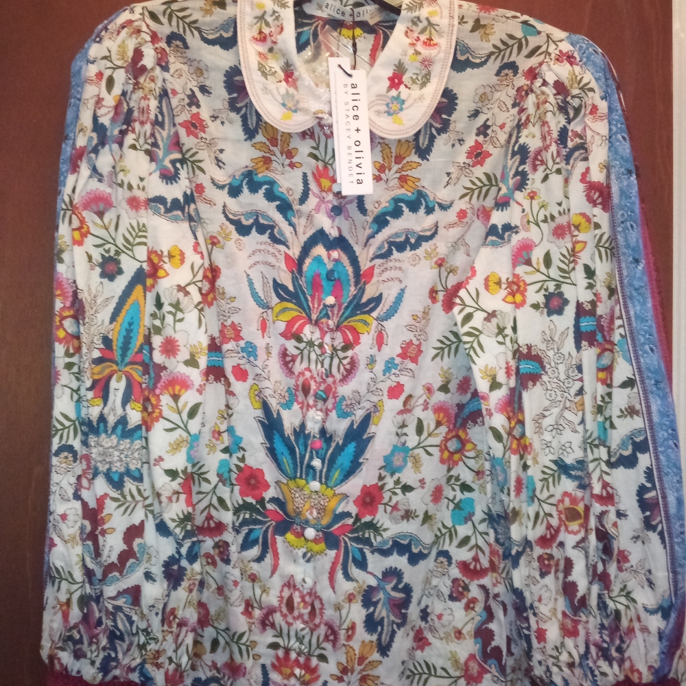 NWT Alice + Olivia Floral Santa Monica Embroidered Long-Sleeve Blouse - Multi